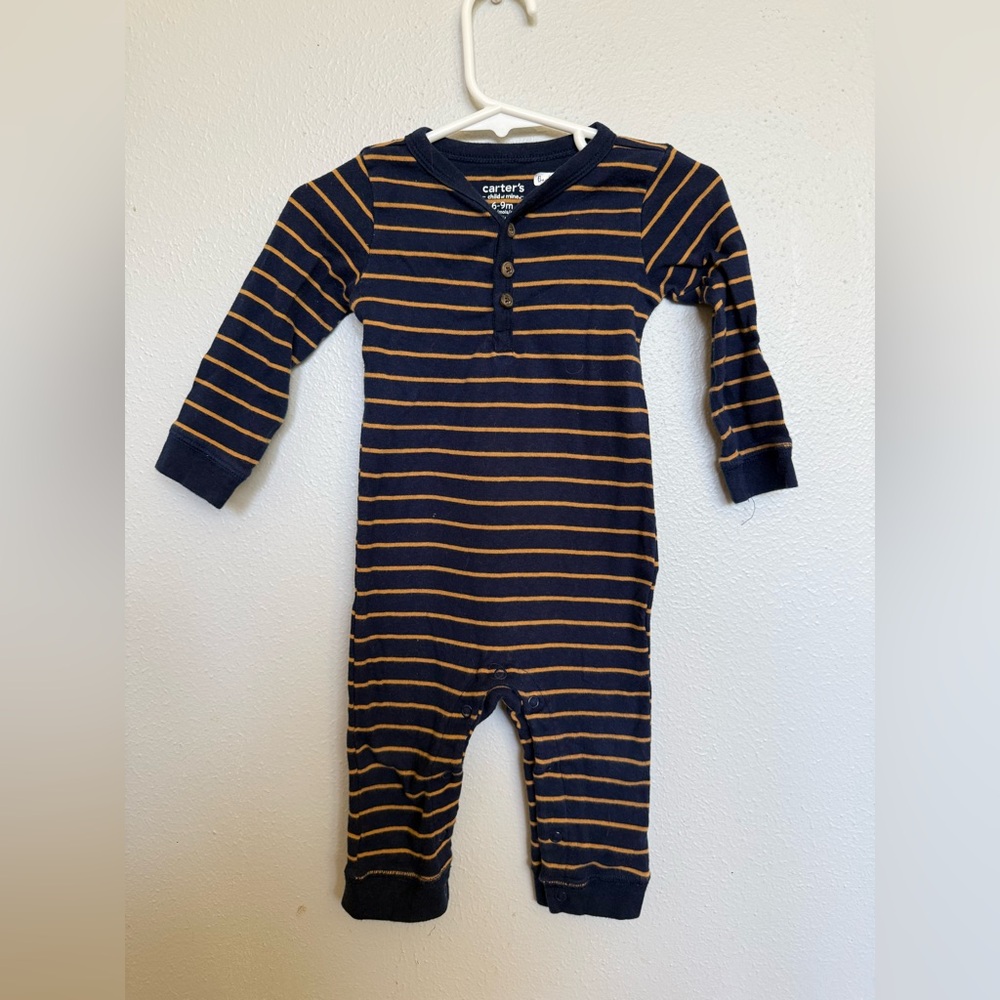 ☀️FREE WHEN BUNDLED Carter's Navy and Brown Striped Long-Sleeve Baby One-Piece